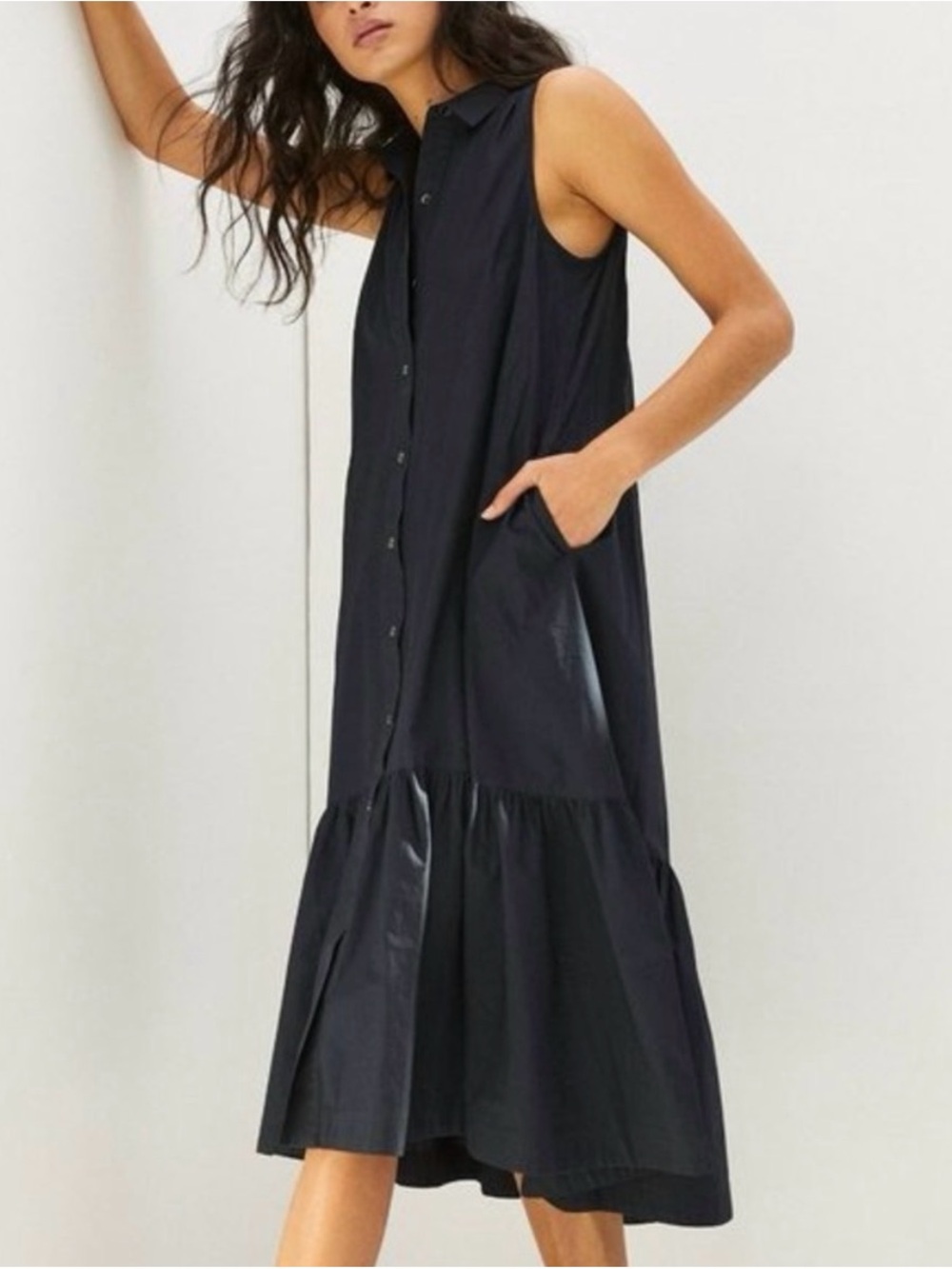 Maeve Sleeveless Dark Navy Button-Front Midi Dress